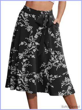 Women's A-Line Midi Skirt with Pockets High Waist Flared Below the Knee Chiffon